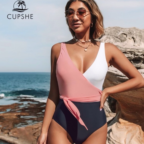 Cupshe Women's Pink & Blue Block One Piece Swimsuit Plunging Knotted Monokini - Picture 4 of 6